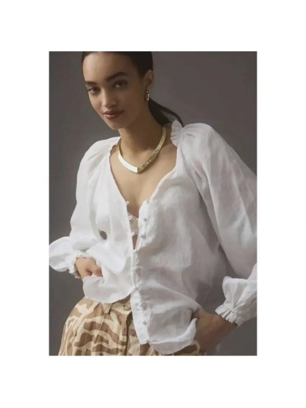 Anthropologie Maeve The Audie Linen Puff Sleeve Blouse White